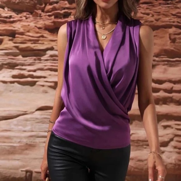 Luxe Satin Overlap Sleeveless Work Office Top Burgundy - Picture 9 of 12